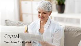  Presentation with people - Beautiful slide set featuring concept - senior woman marking newspaper backdrop and a soft green colored foreground