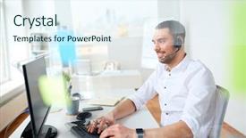  Presentation with business communication - Theme having concept - smiling businessman or helpline background and a sky blue colored foreground