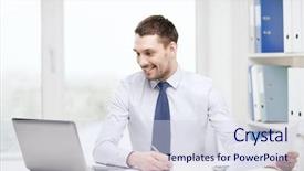  Presentation with internet - PPT layouts with concept - smiling businessman with laptop background and a sky blue colored foreground