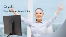  Presentation with internet - Colorful presentation enhanced with concept - smiling businesswoman with computer backdrop and a sky blue colored foreground