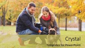  Presentation with care for people - Slides with concept - smiling couple with dog background and a yellow colored foreground