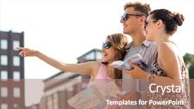  Presentation with travel friends - Cool new PPT theme with concept - smiling friends with map backdrop and a  colored foreground