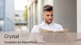  Presentation with mass media - Presentation enhanced with concept - smiling man reading newspaper background and a mint green colored foreground