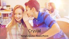  Presentation with technology and career day and elementary school - Slide set having concept - smiling schoolboy whispering secret background and a coral colored foreground