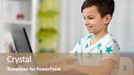  Presentation with technology education - Colorful slides enhanced with concept - smiling student boy typing backdrop and a coral colored foreground