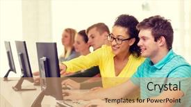  Presentation with school technology - Presentation theme having concept - smiling students in computer background and a coral colored foreground