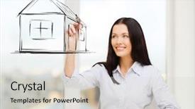  Presentation with real estate development - PPT theme with concept - smiling woman drawing house background and a light gray colored foreground