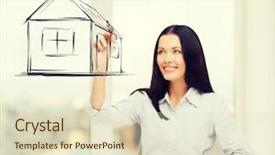  Presentation with real estate - Slides enhanced with concept - smiling woman drawing house background and a soft green colored foreground