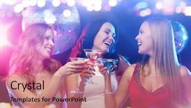  Presentation with cocktail party - Beautiful PPT theme featuring concept - smiling women with cocktail backdrop and a coral colored foreground