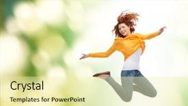  Presentation with movement - Audience pleasing PPT theme consisting of concept - smiling young woman jump backdrop and a blonde colored foreground