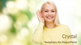  Presentation with listening woman - PPT theme enhanced with concept - smiling young woman listening background and a  colored foreground