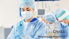  Presentation with surgery room - Slide set having concept - surgeon wearing medical gloves background and a light blue colored foreground