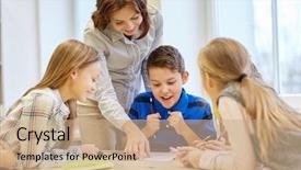  Presentation with elementary - Colorful presentation theme enhanced with concept - teacher helping school kids backdrop and a coral colored foreground