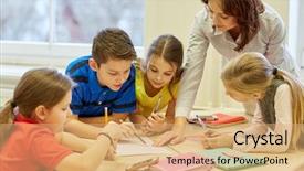  Presentation with school professional learning community - Amazing presentation theme having concept - teacher helping school kids backdrop and a coral colored foreground