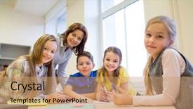  Presentation with elementary school career day and technology - Presentation consisting of concept - teacher helping school kids background and a coral colored foreground