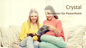  Presentation with happiness - Audience pleasing PPT theme consisting of concept - two girlfriends reading magazine backdrop and a cream colored foreground