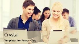  Presentation with school technology - Presentation enhanced with concept - two smiling girl student background and a  colored foreground