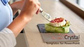  Presentation with haute cuisine - Presentation theme having concept - woman eating goat cheese background and a coral colored foreground