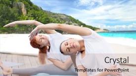  Presentation with women making - Presentation theme consisting of concept - women making yoga exercise background and a coral colored foreground