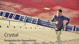  Presentation with upstairs - Slides having concept - young man running upstairs background and a  colored foreground