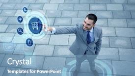  Presentation with shopping trolley - Amazing PPT layouts having businessman pointing finger to shopping backdrop and a teal colored foreground