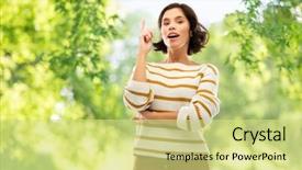  Presentation with idea - Cool new slide deck with concept - young woman in stripe backdrop and a yellow colored foreground