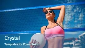  Presentation with volleyball net - PPT layouts enhanced with concept - young woman with volleyball background and a ocean colored foreground