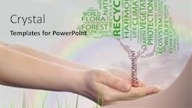  Presentation with sky rainbow - Theme consisting of concept conceptual black text word cloud tree man or woman hand on rainbow sky grass background metaphor to nature ecology green energy natural life world global protect or environmental background and a mint green colored foreground