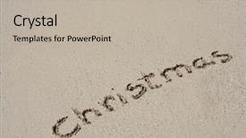  Presentation with tropical christmas - Presentation featuring concept conceptual hand made handwritten christmas text in sand on beach in an exotic island for holiday christmas happy greeting winter celebration travel vacation season tropical tradition background and a mint green colored foreground