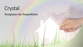  Presentation with home loan - Colorful slide deck enhanced with concept conceptual white paper house held in hand by a man in a green summer grass over a rainbow sky background with clouds a symbol for construction eco ecology loan mortgage property or home backdrop and a light gray colored foreground