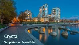  Presentation with house building - PPT theme enhanced with concept evening outdoor urban view background and a ocean colored foreground