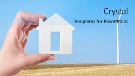  Presentation with energy savings - Cool new slides with energy savings concept female hand holding house shaped figure on wind turbine background backdrop and a light blue colored foreground
