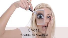  Presentation with eye glass - Presentation theme consisting of concept for nicety - isolated young blonde woman with magnifying glass in front of her eye background and a coral colored foreground