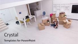  Presentation with new home - Cool new theme with concept happy beautiful young woman backdrop and a  colored foreground