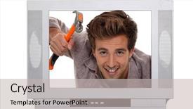  Presentation with television - Presentation featuring concept image of a man hammering inside a television background and a light gray colored foreground