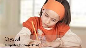  Presentation with school cerrmony - Audience pleasing PPT theme consisting of children writing - adorable girl studying backdrop and a coral colored foreground