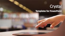  Presentation with library - Audience pleasing presentation theme consisting of finger touching - hand pointing to tablet computer backdrop and a wine colored foreground