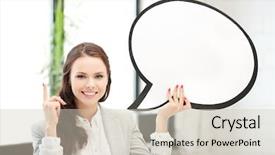  Presentation with bubble - Colorful PPT theme enhanced with picture of smiling businesswoman with blank text bubble backdrop and a soft green colored foreground