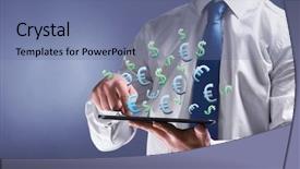  Presentation with money online - PPT theme with concept male hand touching screen background and a ocean colored foreground