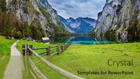  Presentation with ecotourism - Amazing presentation having concept of active tourism and ecotourism bavarian alps magic blue lake obersee and fenced path to it backdrop and a gold colored foreground