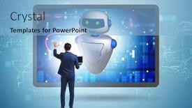  Presentation with business communication - PPT theme having concept-of-chat-bot background and a light blue colored foreground