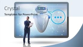  Presentation with business communication - PPT theme having concept-of-chat-bot background and a light blue colored foreground