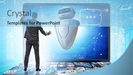  Presentation with business communication - Slide deck consisting of concept-of-chat-bot background and a light blue colored foreground