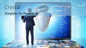  Presentation with business communication - Presentation design featuring concept-of-chat-bot background and a light blue colored foreground