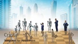  Presentation with robots - PPT theme with concept-of-chess-played background and a coral colored foreground
