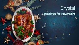  Presentation with roasted chicken - Beautiful slide deck featuring concept of christmas or new year dinner with roasted chicken and various vegetables dishes top view backdrop and a ocean colored foreground