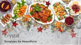  Presentation with roasted chicken - Amazing presentation having concept of christmas or new year dinner with roasted chicken and various vegetables dishes top view backdrop and a light gray colored foreground
