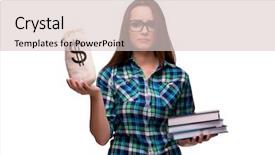  Presentation with tan book stack stacks of books - Theme enhanced with concept of expensive university books background and a  colored foreground