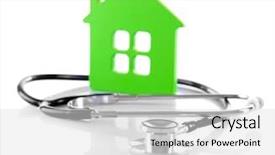  Presentation with green house - Presentation theme featuring concept of family medicine - green house and stethoscope isolated on white background background and a light gray colored foreground