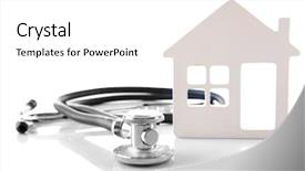  Presentation with white house - Beautiful presentation theme featuring concept of family medicine - white mini house and stethoscope isolated on white background backdrop and a white colored foreground